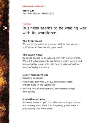 ONE-PAGE SUMMARY
Work 2.0
Ten Year Report: 2002-2012
FINDING
Business seems to be waging war
with its workforce.
The Great News
We are in the midst of a major shift in how we get
stuff done, in how we do great work.
The Lousy News
Business seems to be waging war with its workforce.
Work 2.0 advancements are being greatly slowed and
hampered by leadership. We have a crisis of will in
many of today’s leaders.
Likely Tipping Points
Economy rebounds
Millennials and Web 2.0-3.0 employees reach
critical mass in the workforce
Shifting mix of employment / entrepreneurship /
free agency
Much-Needed Aha
Business leaders “get” that their current approaches
are holding back Work 2.0, impeding great leaps in
productivity and innovation.
•
•
•
>
 