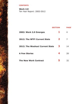 CONTENTS
Work 2.0
Ten Year Report: 2002-2012
SECTION PAGE
2002: Work 2.0 Emerges 1 4
2012: The WTF! Current State 2 7
2012: The Woohoo! Current State 3 14
A Few Stories 4 20
The New Work Contract 5 32
 