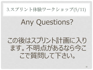 3.スプリント体験ワークショップ(5/11)

   Any Questions?

この後はスプリント計画に入り
 ます。不明点があるなら今こ
   こで質問して下さい。
                     30
 