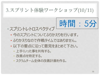 3.スプリント体験ワークショップ(10/11)


• スプリントレトロスペクティブ
                   時間：5分
 • 今のスプリントについてふりかえりを行います。
 • ふりかえりなので作戦タイムではありません。
 • 以下の要点に沿って意見をまとめて下さい。
  • 上手くいった事を共有する。
  • 改善点を特定する。
  • スクラムチーム全体の改善計画を作る。


                            35
 