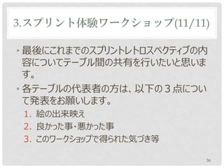 3.スプリント体験ワークショップ(11/11)

• 最後にスプリントレトロスペクティブの内容について
  テーブル間の共有を行いたいと思います。
• 各テーブルの代表者の方は、以下の３点につい
  て発表をお願いします。
 1. 絵の出来映え
 2. 良かった事・悪かった事
 3. このワークショップで得られた気づき等


                         36
 