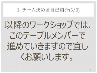 1. チーム決め＆自己紹介(3/3)


以降のワークショップでは、
 このテーブルメンバーで
進めていきますので宜し
   くお願いします。
                      9
 