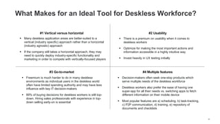 What Makes for an Ideal Tool for Deskless Workforce?
#1 Vertical versus horizontal
§ Many deskless application areas are b...