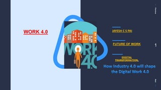 PreviousNext
1
WORK 4.0 JAYESH C S PAI
FUTURE OF WORK
DIGITAL
TRANSFORMATION.
 