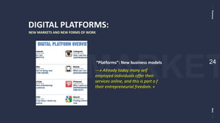 PreviousNext
24
DIGITAL PLATFORMS:
NEW MARKETS AND NEW FORMS OF WORK
---» Already today many self
employed individuals offer their
services online, and this is part o f
their entrepreneurial freedom. «
“Platforms”: New business models
 