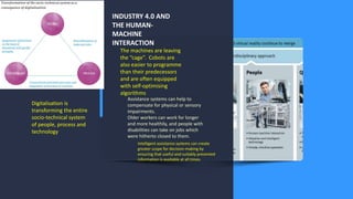 PreviousNext
33Digitalisation is
transforming the entire
socio-technical system
of people, process and
technology
Assistance systems can help to
compensate for physical or sensory
impairments.
Older workers can work for longer
and more healthily, and people with
disabilities can take on jobs which
were hitherto closed to them.
Intelligent assistance systems can create
greater scope for decision-making by
ensuring that useful and suitably presented
information is available at all times.
The machines are leaving
the “cage”. Cobots are
also easier to programme
than their predecessors
and are often equipped
with self-optimising
algorithms
INDUSTRY 4.0 AND
THE HUMAN-
MACHINE
INTERACTION
 