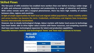 PreviousNext
59
Skilled Flows
This fast pace of skills evolution has enabled more workers than ever before to bring a wider range
of skills and enhanced creativity, dynamism and productivity to a range of industries and sectors.
With online remote work still a marginal phenomenon, there has been high mobility of workers
between cities, regions and countries.
In light of ample opportunities for both local and migrant skilled populations, labour mobility within
and across borders has become the norm. Credentials, certifications and degrees have increasingly
become internationally standardized.
However, due to steady technological change, labour markets with better local access to technology
have been better able to drive higher value creation with fewer resources, out-competing countries
that have seen lower technological expansion for talent and production capabilities.
Inequality between countries and technological ‘haves’ and ‘have-nots’ continues to increase.
 