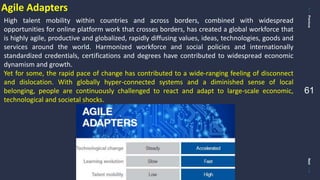 PreviousNext
61
Agile Adapters
High talent mobility within countries and across borders, combined with widespread
opportunities for online platform work that crosses borders, has created a global workforce that
is highly agile, productive and globalized, rapidly diffusing values, ideas, technologies, goods and
services around the world. Harmonized workforce and social policies and internationally
standardized credentials, certifications and degrees have contributed to widespread economic
dynamism and growth.
Yet for some, the rapid pace of change has contributed to a wide-ranging feeling of disconnect
and dislocation. With globally hyper-connected systems and a diminished sense of local
belonging, people are continuously challenged to react and adapt to large-scale economic,
technological and societal shocks.
 