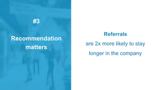 #3
Recommendation
matters
Referrals
are 2x more likely to stay
longer in the company
 