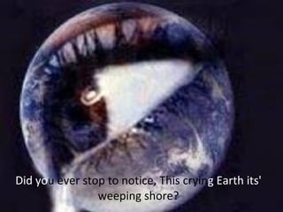 Did yo u ever stop to notice, This cryin g Earth its' weeping shore?