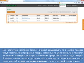 Если структура компании только начинает создаваться, то в списке товаров
будут представлены три разных товара, созданных по умолчанию. Они являются
наглядным примеров вариаций заполнения профилей разного рода товаров.
Профили данных товаров доступны для просмотра и редактирования после
клика мышкой по коду или наименованию в соответствующей строке списка.
 