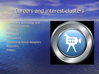Careers and interest clusters Arts, A-V technology and communications 5 interests:  -Animators -Film editors -Advertising layout designers -Reporters -Potters 