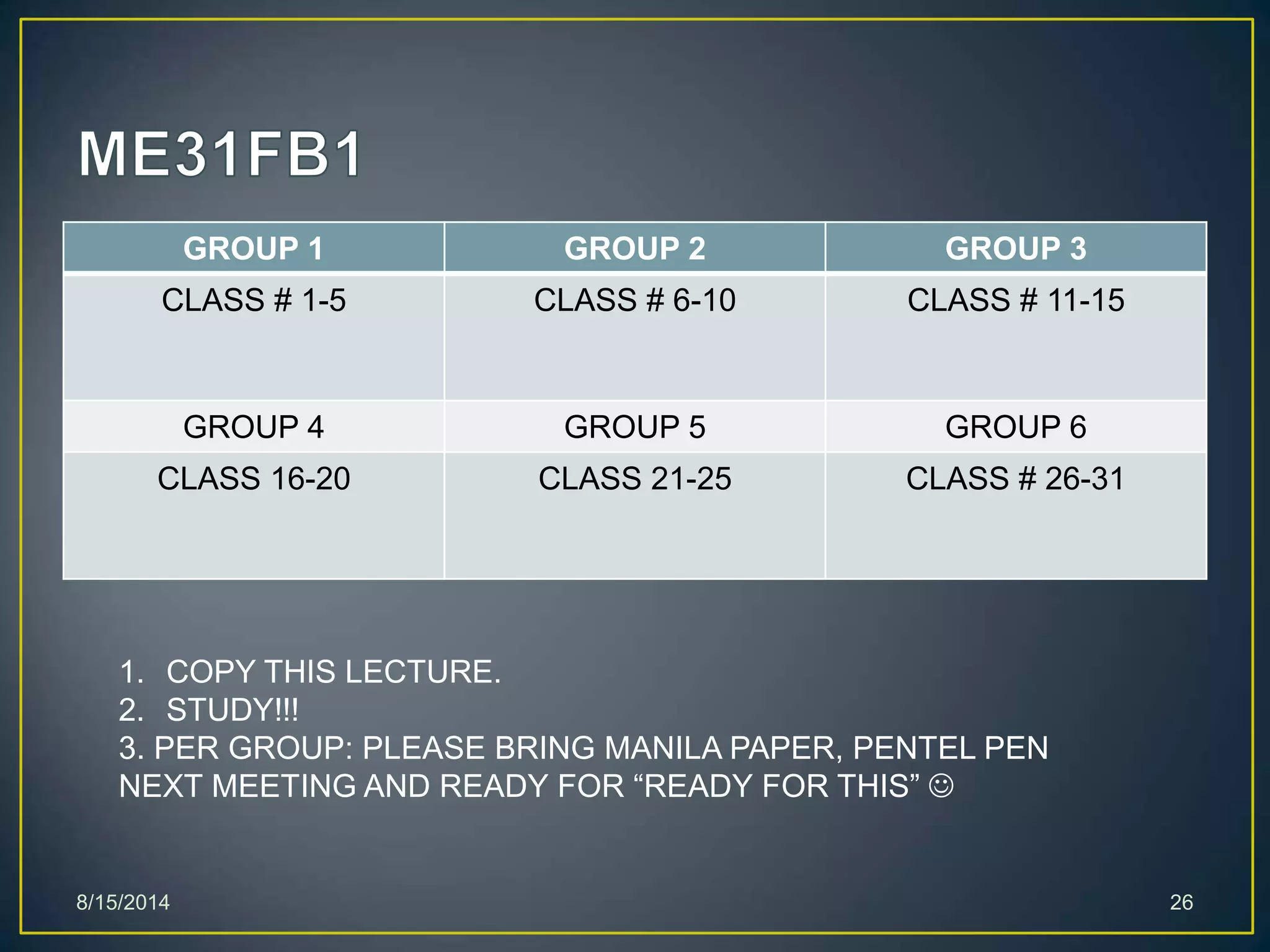 GROUP 1 GROUP 2 GROUP 3
CLASS # 1-5 CLASS # 6-10 CLASS # 11-15
GROUP 4 GROUP 5 GROUP 6
CLASS 16-20 CLASS 21-25 CLASS # 26-31
8/15/2014 26
1. COPY THIS LECTURE.
2. STUDY!!!
3. PER GROUP: PLEASE BRING MANILA PAPER, PENTEL PEN
NEXT MEETING AND READY FOR “READY FOR THIS” 
 