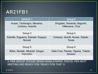 GROUP 1 Group 2
Ausan, Tantiongco, Mendros,
Limtuico, Anacito
Dingalan, Decierdo, Baguhin,
Villanueva, Cruz
Group 3 Group 4
Estrella, Esguerra, Estrada, Dupaya,
Nonsol
Campos, Quintil, Nunez, Zabala,
Teves
Group 5 Group 6
Bibat, Alcaide, Albaniel, Gargar,
Gonzales
Dela Cruz, Peredo, Ogania, Toledo,
Soriano
8/15/2014 27
1. COPY THIS LECTURE.
2. STUDY!!!
3. PER GROUP: PLEASE BRING MANILA PAPER, PENTEL PEN NEXT
MEETING AND READY FOR “READY FOR THIS” 
 