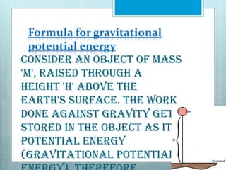 Formula for gravitational
potential energy
Consider an object of mass
'm', raised through a
height 'h' above the
earth's surface. The work
done against gravity gets
stored in the object as its
Potential Energy
(Gravitational Potential

 