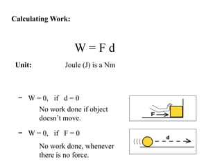 Calculating Work:
W = 0, if F = 0
W = F d
W = 0, if d = 0
No work done if object
doesn’t move.
No work done, whenever
there is no force.
Unit: Joule (J) is a Nm
 