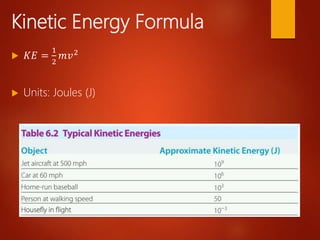 Kinetic Energy Formula
 𝐾𝐸 =
1
2
𝑚𝑣2
 Units: Joules (J)
 