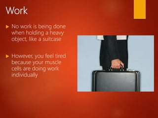 Work
 No work is being done
when holding a heavy
object, like a suitcase
 However, you feel tired
because your muscle
cells are doing work
individually
 