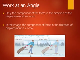 Work at an Angle
 Only the component of the force in the direction of the
displacement does work.
 In the image, the component of force in the direction of
displacement is F cosθ
 