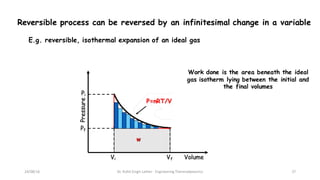 Reversible process can be reversed by an infinitesimal change in a variable
E.g. reversible, isothermal expansion of an id...