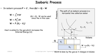 Isobaric Process
• In isobaric process P = C , then ∆U = Q – W
W = ∫ 𝑷𝒅𝑽
𝟐
𝟏
W = P∫ 𝒅𝑽
𝟐
𝟏
W = P (V2 – V1)
Heat is added t...