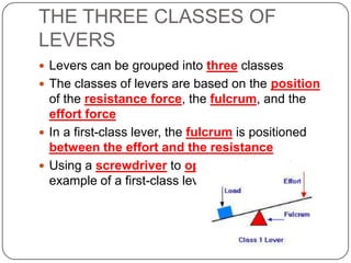 THE THREE CLASSES OF
LEVERS
 Levers can be grouped into three classes
 The classes of levers are based on the position

of the resistance force, the fulcrum, and the
effort force
 In a first-class lever, the fulcrum is positioned
between the effort and the resistance
 Using a screwdriver to open a paint can is an
example of a first-class lever

 