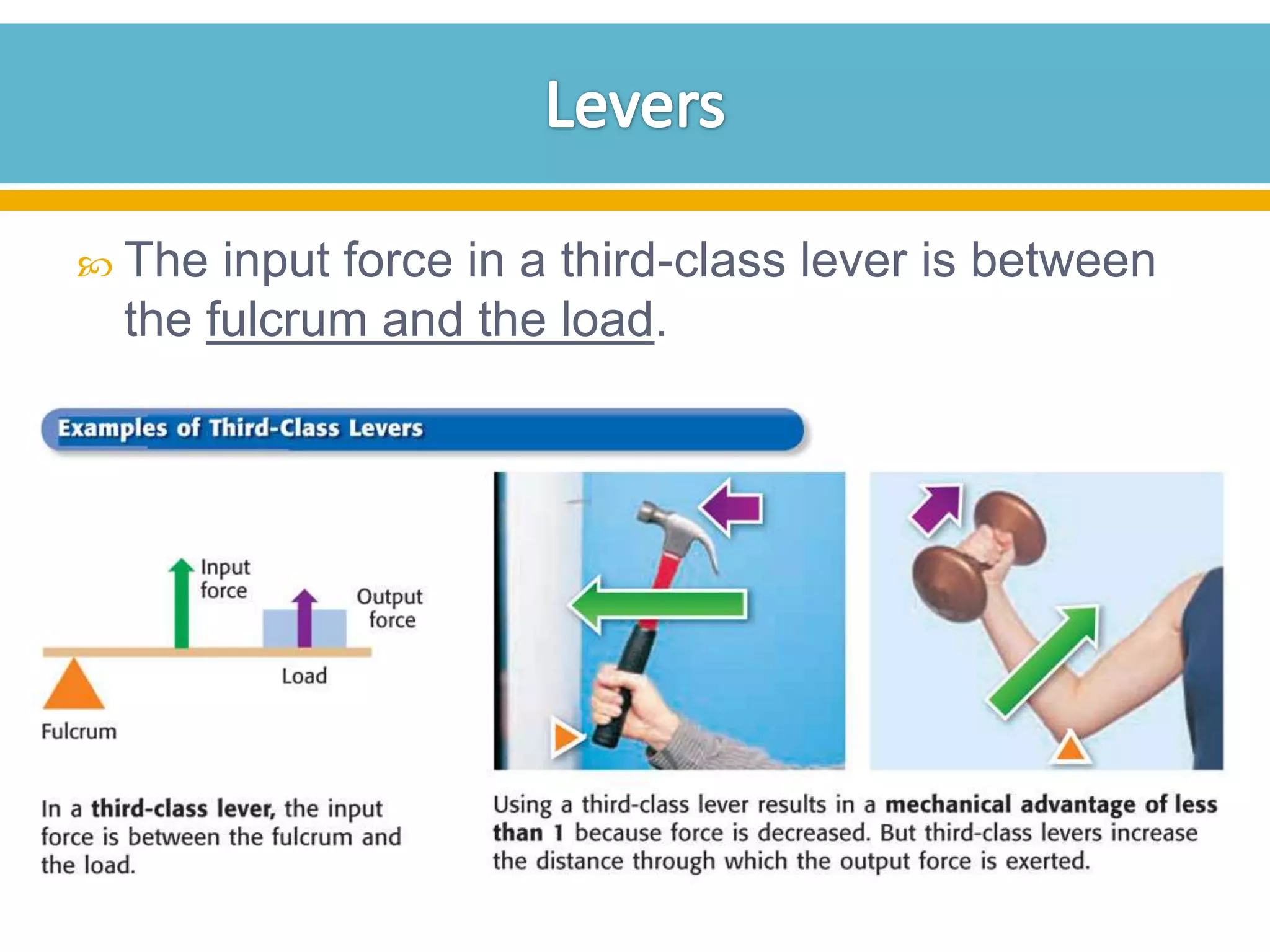  The

input force in a third-class lever is between
the fulcrum and the load.

 