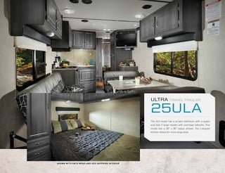 ULTRA            TRAVEL TRAILER


                                                                             25ULA
                                                                             The ULA model has a private bathroom with a queen
                                                                             size bed, 2 large closets with overhead cabinets. This
                                                                             model has a 35” x 35” radius shower. The L-shaped
                                                                             kitchen allows for more cargo area.




S H OW N W I T H O N Y X WOO D A N D G E O S A P P H I R E I N T E R I O R
 