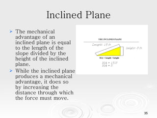 Inclined Plane The mechanical advantage of an inclined plane is equal to the length of the slope divided by the height of the inclined plane.  While the inclined plane produces a mechanical advantage, it does so by increasing the distance through which the force must move.  