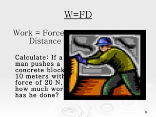 W=FD Work = Force x Distance Calculate: If a man pushes a concrete block 10 meters with a force of 20 N, how much work has he done? 