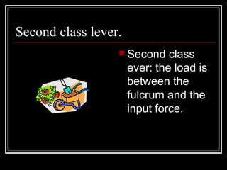 Second class lever. Second class ever: the load is between the fulcrum and the input force. 