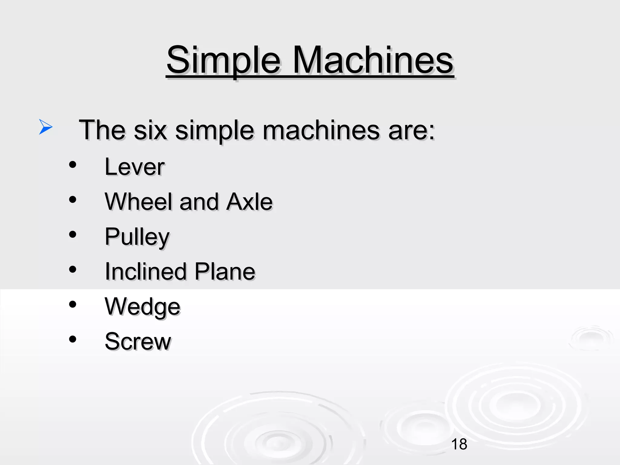 Simple Machines


The six simple machines are:







Lever
Wheel and Axle
Pulley
Inclined Plane
Wedge
Screw

18

 