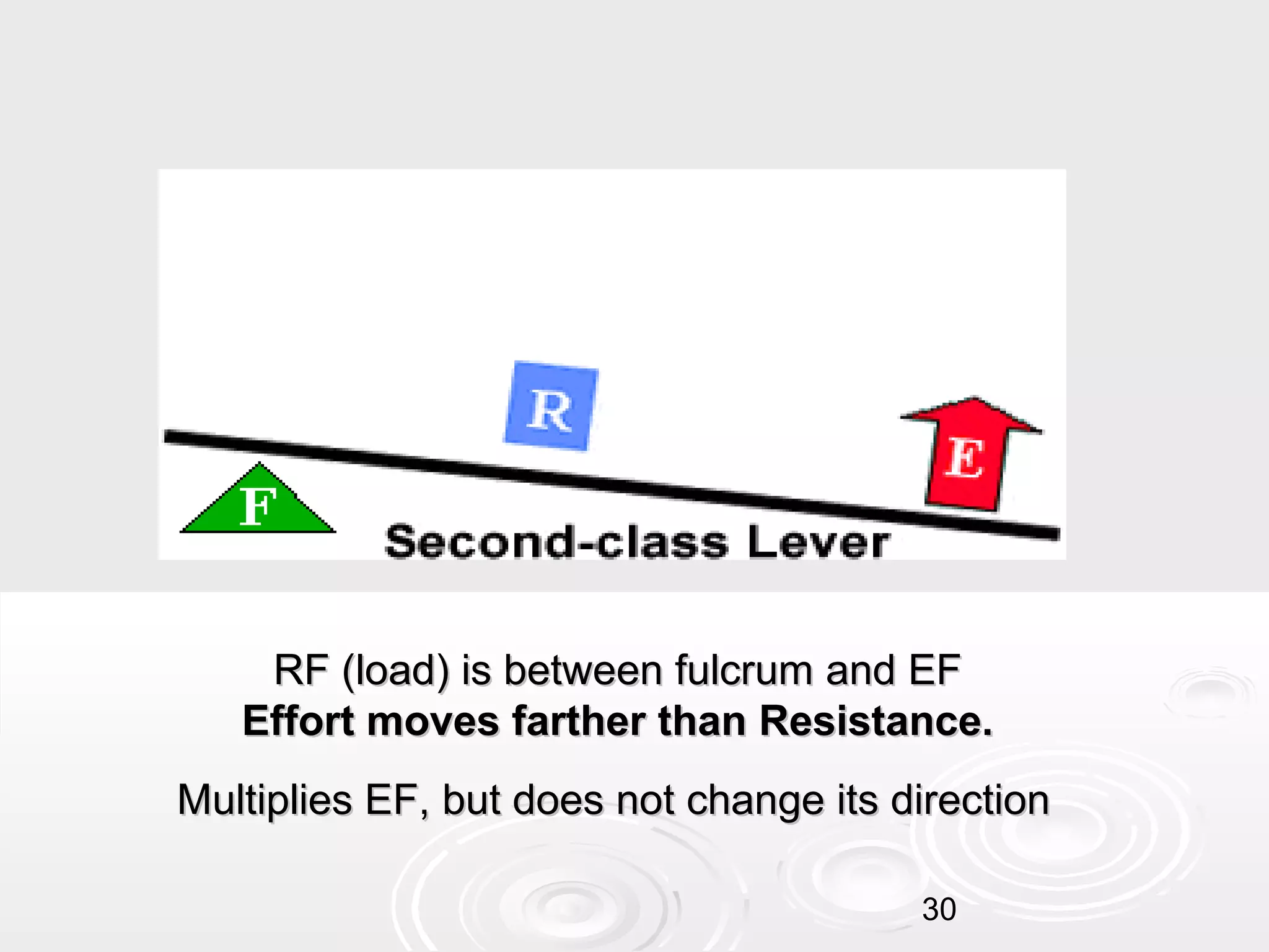 RF (load) is between fulcrum and EF
Effort moves farther than Resistance.
Multiplies EF, but does not change its direction
30

 