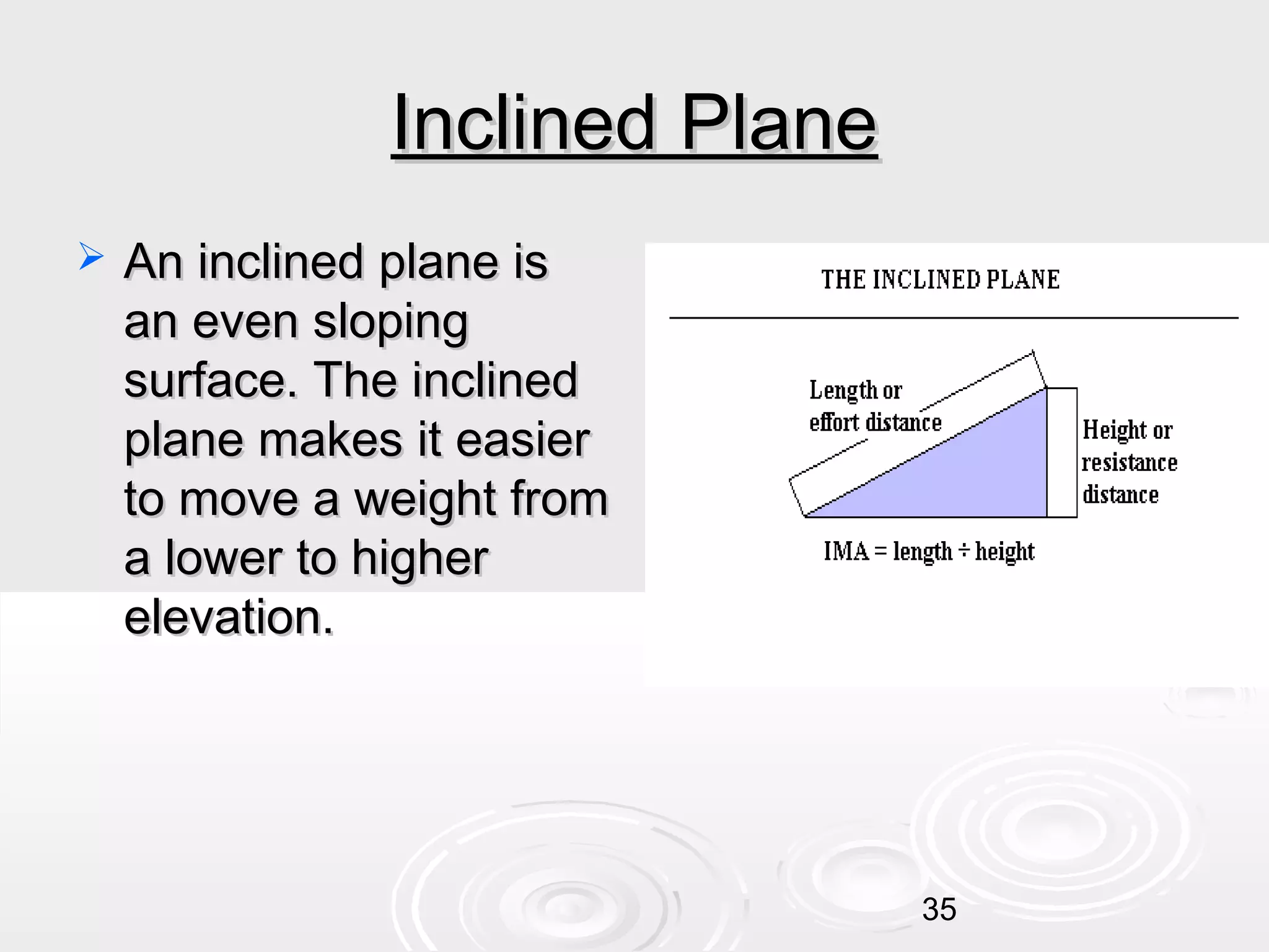 Inclined Plane


An inclined plane is
an even sloping
surface. The inclined
plane makes it easier
to move a weight from
a lower to higher
elevation.

35

 