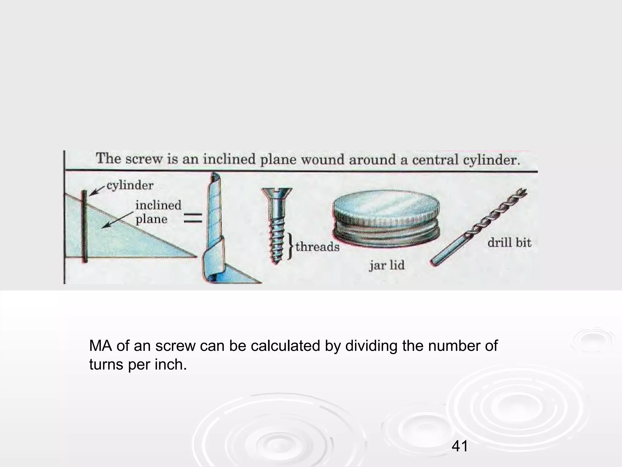MA of an screw can be calculated by dividing the number of
turns per inch.

41

 