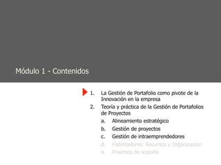 ImpactGroup	
  
ImpactGroup	
  
ImpactGroup	
  
ImpactGroup	
  
Módulo 1 - Contenidos
1.  La Gestión de Portafolio como pivote de la
Innovación en la empresa
2.  Teoría y práctica de la Gestión de Portafolios
de Proyectos
a.  Alineamiento estratégico
b.  Gestión de proyectos
c.  Gestión de intraemprendedores
d.  Habilitadores: Recursos y Organización
e.  Procesos de soporte
 