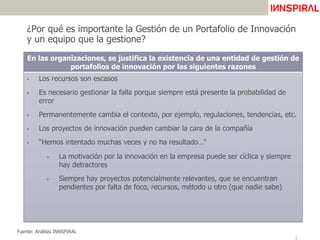 ¿Por qué es importante la Gestión de un Portafolio de Innovación
y un equipo que la gestione?
En las organizaciones, se justifica la existencia de una entidad de gestión de
portafolios de innovación por las siguientes razones
•  Los recursos son escasos
•  Es necesario gestionar la falla porque siempre está presente la probabilidad de
error
•  Permanentemente cambia el contexto, por ejemplo, regulaciones, tendencias, etc.
•  Los proyectos de innovación pueden cambiar la cara de la compañía
•  “Hemos intentado muchas veces y no ha resultado…”
•  La motivación por la innovación en la empresa puede ser cíclica y siempre
hay detractores
•  Siempre hay proyectos potencialmente relevantes, que se encuentran
pendientes por falta de foco, recursos, método u otro (que nadie sabe)
Fuente: Análisis INNSPIRAL
 