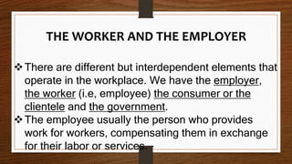 THE WORKER AND THE EMPLOYER
There are different but interdependent elements that
operate in the workplace. We have the employer,
the worker (i.e, employee) the consumer or the
clientele and the government.
The employee usually the person who provides
work for workers, compensating them in exchange
for their labor or services.
 