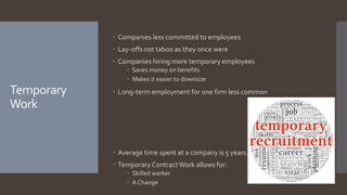 Temporary
Work
 Companies less committed to employees
 Lay-offs not taboo as they once were
 Companies hiring more temporary employees
 Saves money on benefits
 Makes it easier to downsize
 Long-term employment for one firm less common
 Average time spent at a company is 5 years.
 Temporary ContractWork allows for:
 Skilled worker
 A Change
 
