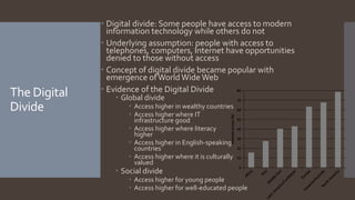 The Digital
Divide
 Digital divide: Some people have access to modern
information technology while others do not
 Underlying assumption: people with access to
telephones, computers, Internet have opportunities
denied to those without access
 Concept of digital divide became popular with
emergence ofWorldWide Web
 Evidence of the Digital Divide
 Global divide
 Access higher in wealthy countries
 Access higher where IT
infrastructure good
 Access higher where literacy
higher
 Access higher in English-speaking
countries
 Access higher where it is culturally
valued
 Social divide
 Access higher for young people
 Access higher for well-educated people
 