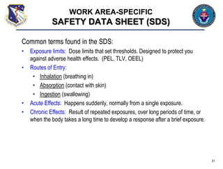 Common terms found in the SDS:
• Exposure limits: Dose limits that set thresholds. Designed to protect you
against adverse health effects. (PEL, TLV, OEEL)
• Routes of Entry:
• Inhalation (breathing in)
• Absorption (contact with skin)
• Ingestion (swallowing)
• Acute Effects: Happens suddenly, normally from a single exposure.
• Chronic Effects: Result of repeated exposures, over long periods of time, or
when the body takes a long time to develop a response after a brief exposure.
31
WORK AREA-SPECIFIC
SAFETY DATA SHEET (SDS)
 