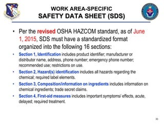 • Per the revised OSHA HAZCOM standard, as of June
1, 2015, SDS must have a standardized format
organized into the following 16 sections:
• Section 1, Identification includes product identifier; manufacturer or
distributor name, address, phone number; emergency phone number;
recommended use; restrictions on use.
• Section 2, Hazard(s) identification includes all hazards regarding the
chemical; required label elements.
• Section 3, Composition/information on ingredients includes information on
chemical ingredients; trade secret claims.
• Section 4, First-aid measures includes important symptoms/ effects, acute,
delayed; required treatment.
33
WORK AREA-SPECIFIC
SAFETY DATA SHEET (SDS)
 