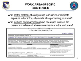 38
WORK AREA-SPECIFIC
CONTROLS
What control methods should you use to minimize or eliminate
exposure to hazardous chemicals while performing your work?
What methods and observations have been used to detect the
presence or release of a hazardous chemical in the work area?
 