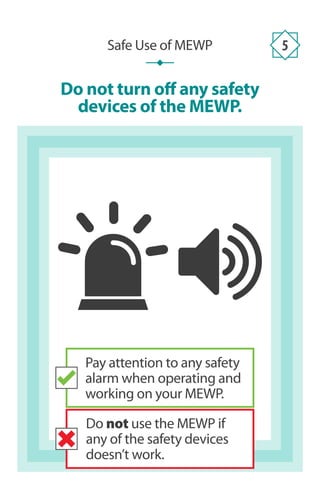 Do not turn off any safety
devices of the MEWP.
Safe Use of MEWP 5
Do not use the MEWP if
any of the safety devices
doesn’t work.
Pay attention to any safety
alarm when operating and
working on your MEWP.
 