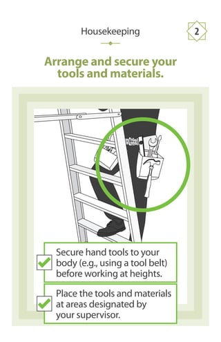 Secure hand tools to your
body (e.g., using a tool belt)
before working at heights.
Place the tools and materials
at areas designated by
your supervisor.
Arrange and secure your
tools and materials.
Housekeeping 2
 