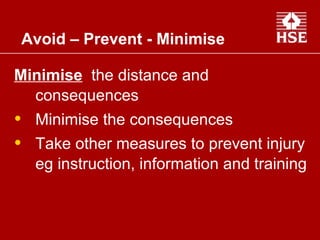 Minimise   the distance and consequences  Minimise the consequences Take other measures to prevent injury eg instruction, information and training Avoid – Prevent - Minimise   