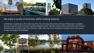 We enjoy a variety of amenities within walking distance.
netPolarity is located just a short walk away from the charming restaurants and shops of Downtown Campbell,
and just across the street from the Pruneyard Shopping Center. We have several parks nearby and a stone’s throw
away from the Los Gatos Creek Trail where you might catch one of our employees enjoying a lunch time walk or
an after-hours game of basketball.
 