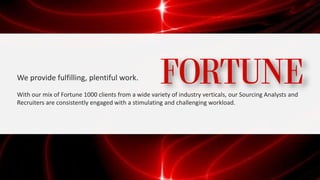We provide fulfilling, plentiful work.
With our mix of Fortune 1000 clients from a wide variety of industry verticals, our Sourcing Analysts and
Recruiters are consistently engaged with a stimulating and challenging workload.
 