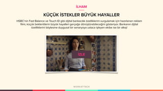 KÜÇÜK İSTEKLER BÜYÜK HAYALLER
İLHAM
HSBC’nin Fast Balance ve Touch ID gibi dijital bankacılık özelliklerini vurgulamak için hazırlanan reklam
filmi, küçük beklentilerin büyük hayalleri gerçeğe dönüştürebileceğini gösteriyor. Bankanın dijital
özelliklerini böylesine duygusal bir senaryoya ustaca işleyen ekibe ise bir alkış!
 