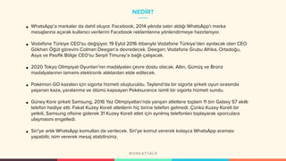 NEDİR?
• WhatsApp’a markalar da dahil oluyor. Facebook, 2014 yılında satın aldığı WhatsApp’ı marka
mesajlarına açarak kullanıcı verilerini Facebook reklamlarına yönlendirmeye hazırlanıyor.
• Vodafone Türkiye CEO’su değişiyor. 19 Eylül 2016 itibarıyla Vodafone Türkiye’den ayrılacak olan CEO
Gökhan Öğüt görevini Colman Deegan'a devredecek. Deegan; Vodafone Grubu Afrika, Ortadoğu,
Asya ve Pasifik Bölge CEO’su Serpil Timuray’a bağlı çalışacak.
• 2020 Tokyo Olimpiyat Oyunları’nın madalyaları çevre dostu olacak. Altın, Gümüş ve Bronz
madalyalarının tamamı elektronik atıklardan elde edilecek.
• Pokémon GO kazaları için sigorta hizmeti oluşturuldu. Tayland’da bir sigorta şirketi oyun sırasında
yaşanan kaza, yaralanma ve ölümü kapsayan Pokésurance isimli bir sigorta hizmeti sundu.
• Güney Kore şirketi Samsung, 2016 Yaz Olimpiyatları’nda yarışan atletlere toplam 11 bin Galaxy S7 akıllı
telefon hediye etti. Fakat Kuzey Koreli atletlerin hiç birine telefon gelmedi. Çünkü Kuzey Koreli bir
yetkili, Samsung ofisine giderek 31 Kuzey Koreli atlet için ayrılmış telefonları toplayarak sporculara
ulaşmasını engelledi.
• Siri’ye artık WhatsApp komutları da verilecek. Siri’ye komut vererek kolayca WhatsApp araması
yapabilir, isim vererek mesaj atabilirsiniz.
 